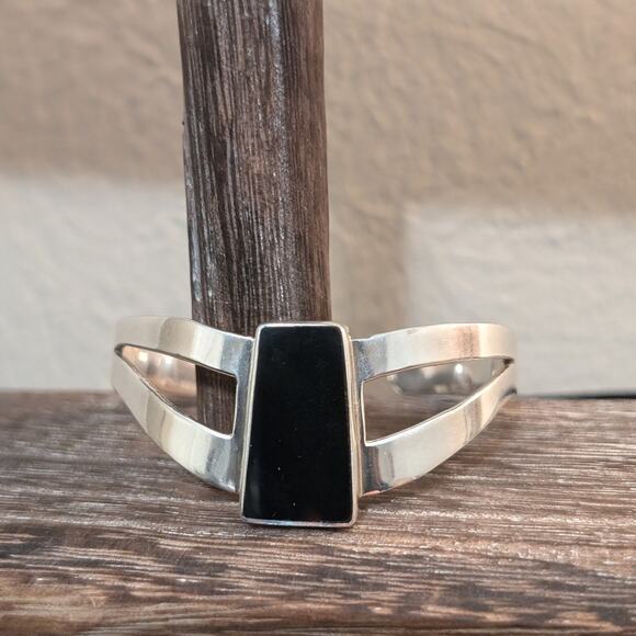 Taxco Mexico 925 Sterling Silver Black Onyx Modernist Split Band Cuff Bracelet - Picture 4 of 9